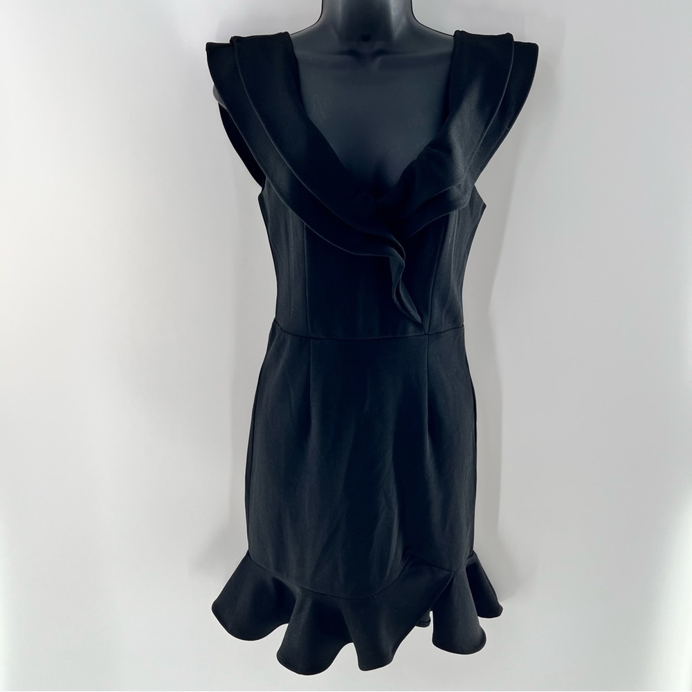 Angel Biba Black Asymmetrical Ruffled Sheath Dress w/Deep V Neckline Size M